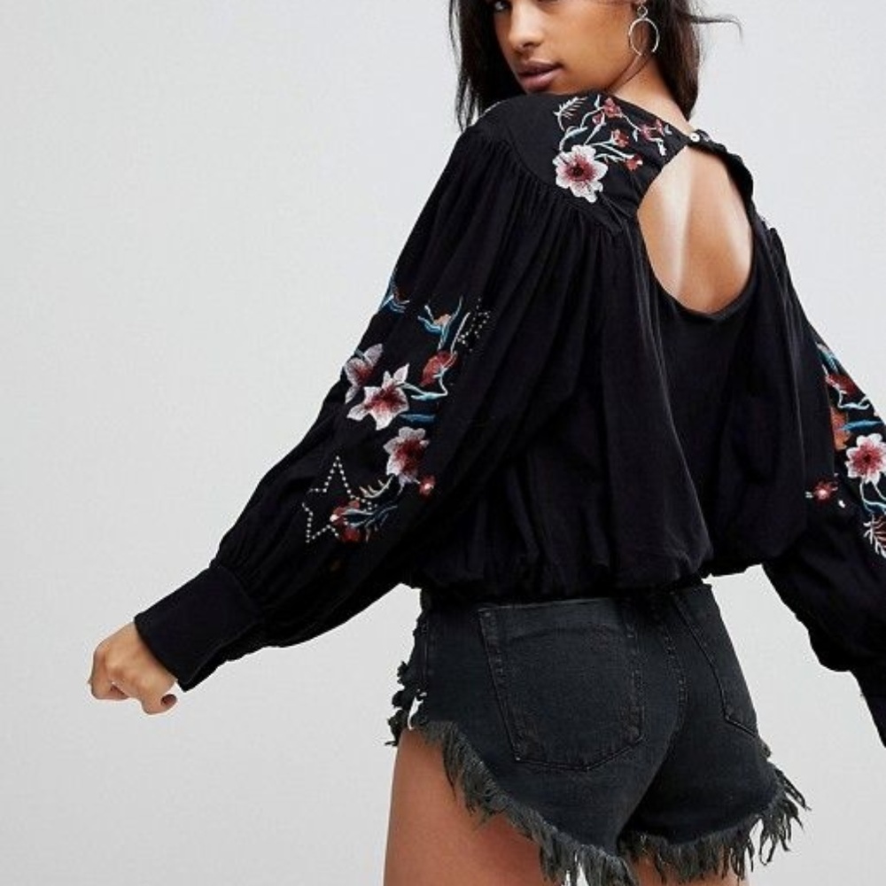 Free People Black Long Sleeve Embroidered Open-Back Tee